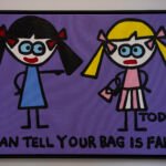 Todd Goldman art showing two cartoon women beside the words I Can Tell Your Bag Is Fake on a purple background