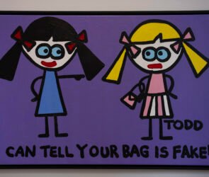 Todd Goldman art showing two cartoon women beside the words I Can Tell Your Bag Is Fake on a purple background